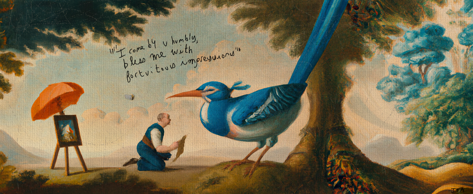 man talking to blue bird